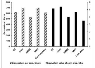 Gross return per acre or corn worth expressed as $/bushel after feeding corn silage (CS), corn (fed as dry rolled), high-moisture ear corn (HMEC) or high-moisture corn (HMC) to yearling steers. Corn expense and corn price refer to the total dollars spent to plant, grow, and harvest corn and market price at the time of analysis, respectively (from DiCostanzo and others).